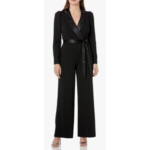 NWT Adrianna Papell Long Sleeve Crepe Tuxedo Collar Black Jumpsuit Size 4